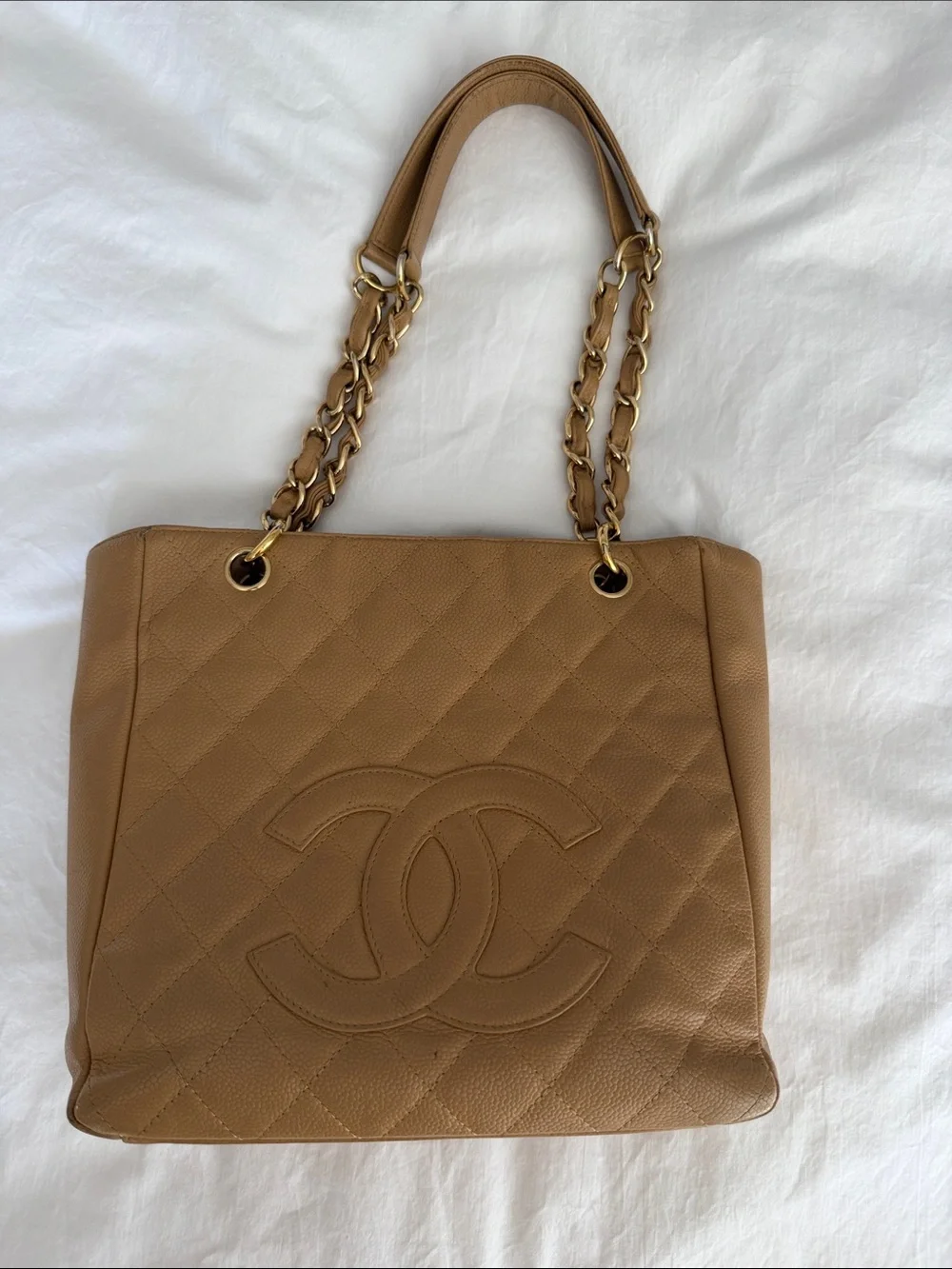 CHANEL Vintage Caviar Quilted Tan Leather Shoulder Tote with Gold Chain Straps - Picture 1 of 16